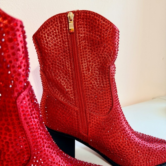 * Berness Sexy Red Rhinestones 3" Block Heel Cowboy Boots - Picture 3 of 10